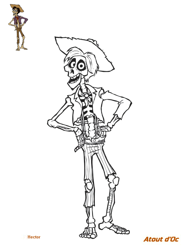 Coloriage Hector Squelette Masculin Mince Cheveux Et Barbichette Noirs Yeux Magenta - Coco Disney à imprimer